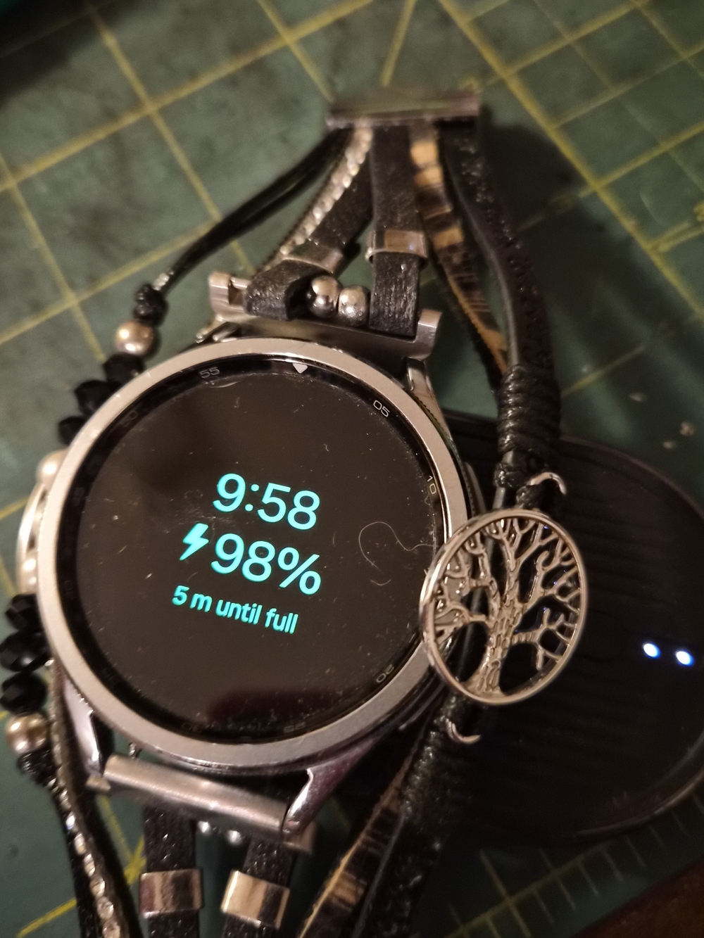 Black Leather Strap Smartwatch with Tree Charm - 98% Battery Display